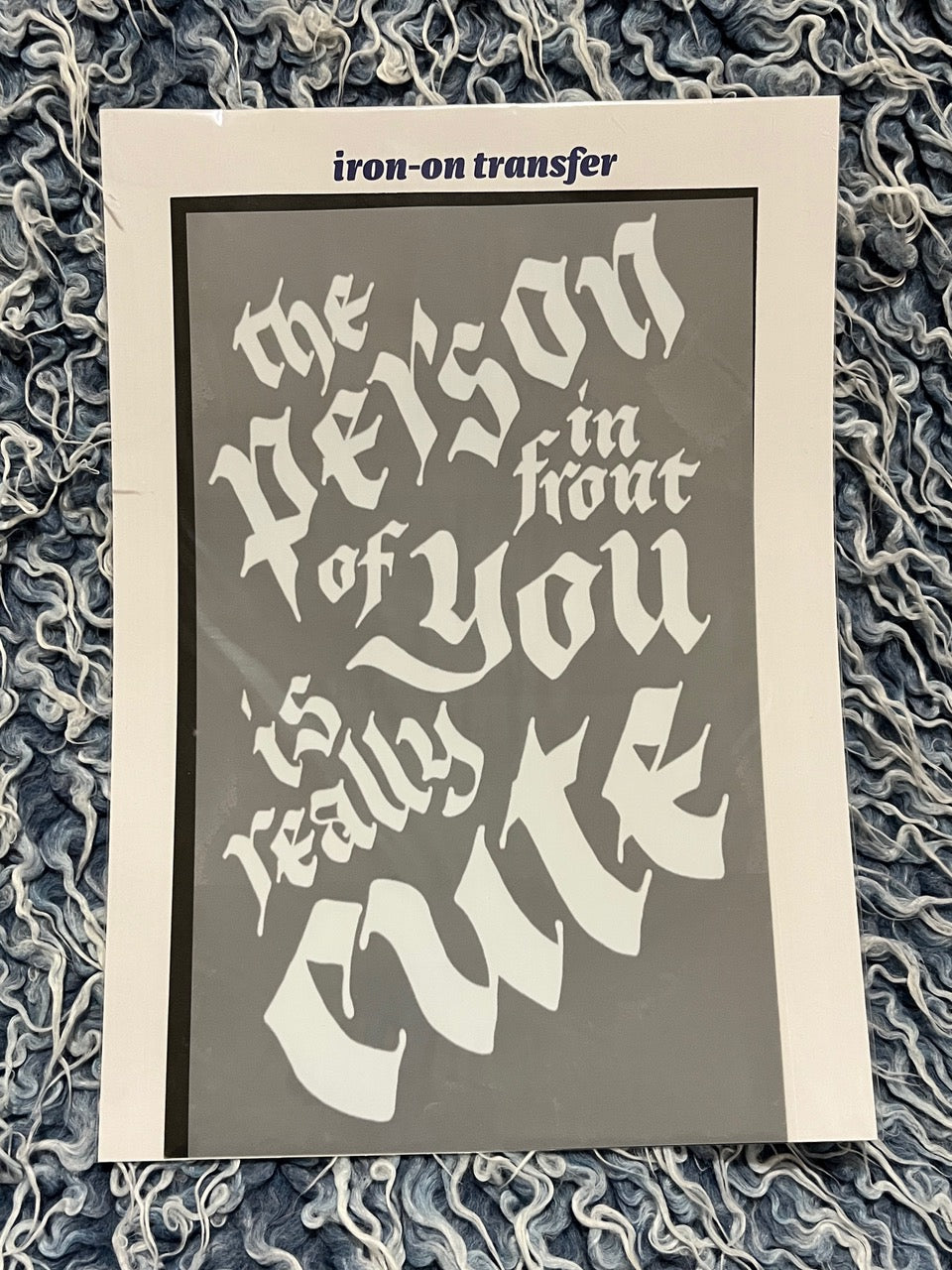 Big Iron-On Transfer "THE PERSON IN FRONT OF YOU IS REALLY CUTE" Black