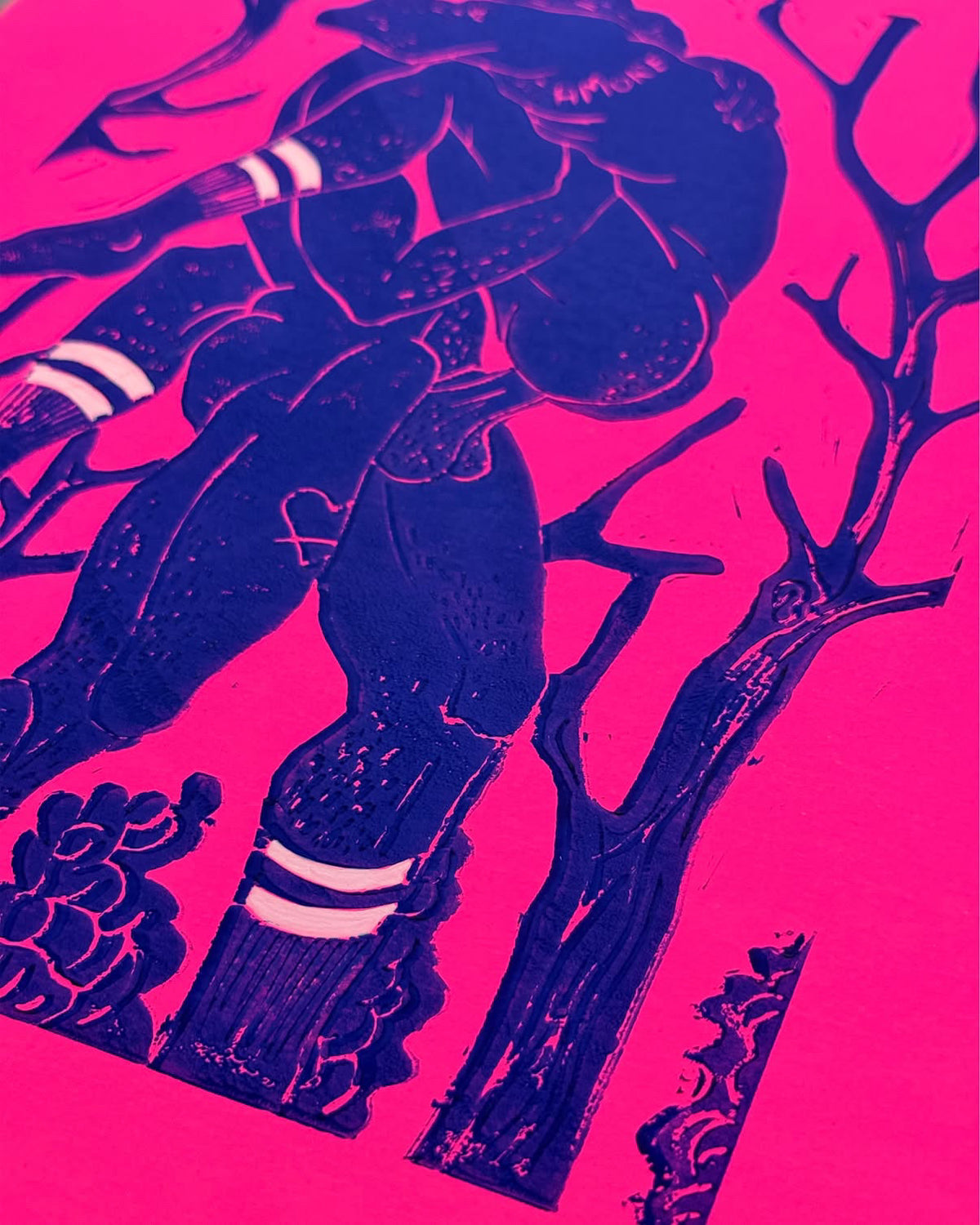 Amore Linocut Print - Neon Pink / Ultra marine blue - 40 x 30 cm