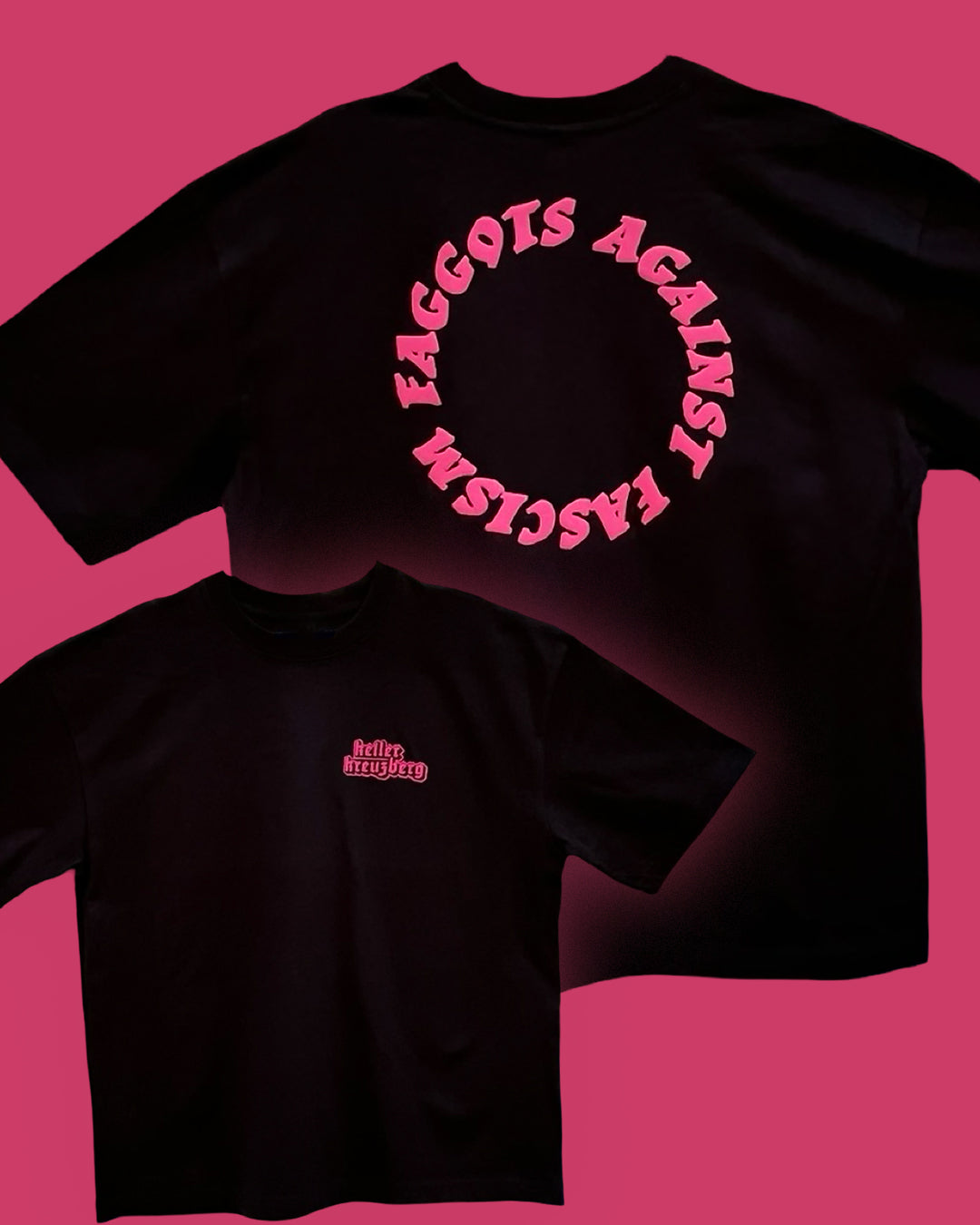 FAGGOTS AGAINST FASCISM Heavy Boxy T-shirt Black & Neon Magenta