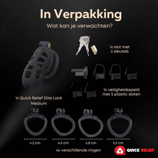 Quick Relief Elite Lock™ Medium - Chastity cage with 4 ring sizes