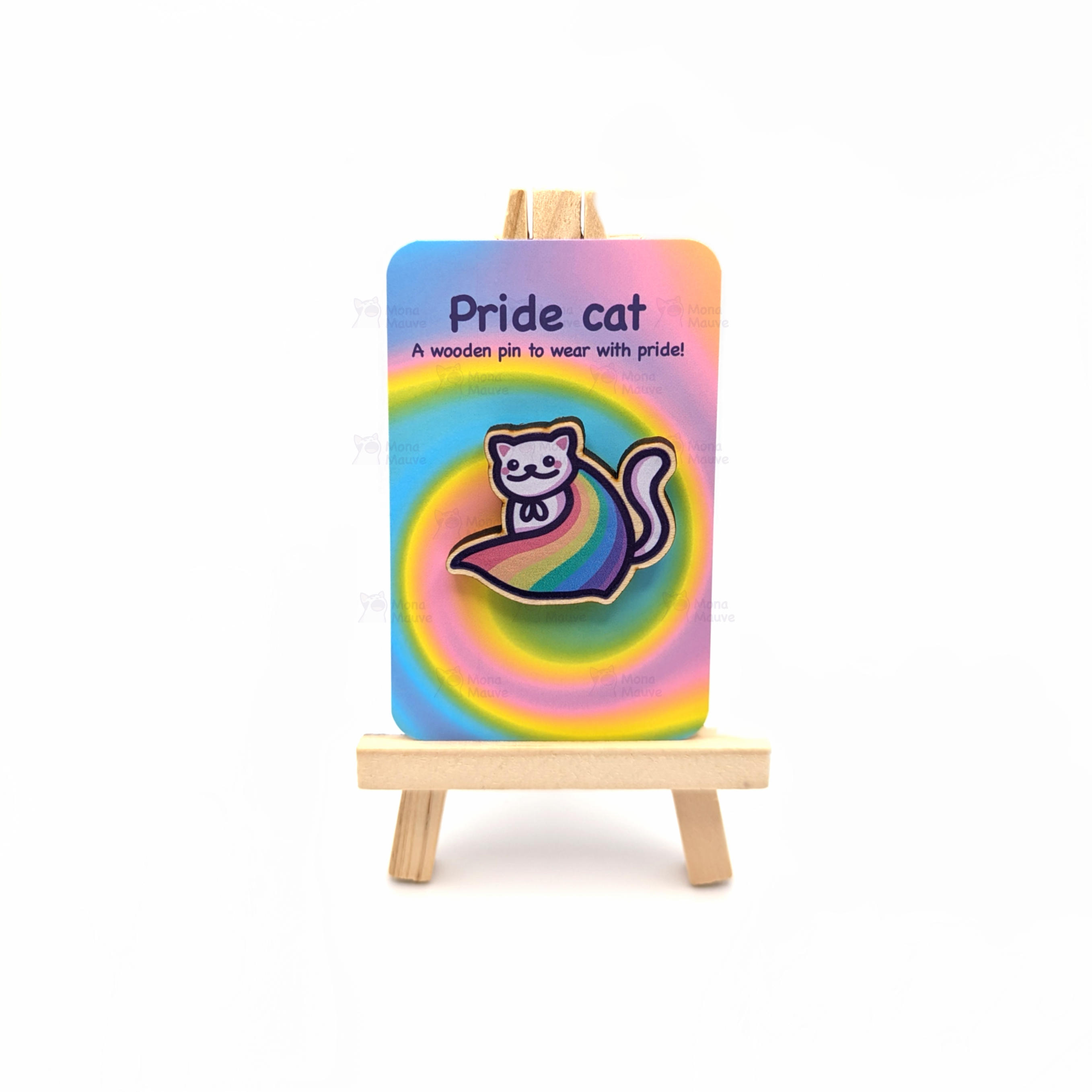 LGBTQ+ Pride Kitten Badge | Cute Cat Wooden Pin: No hang tabs needed