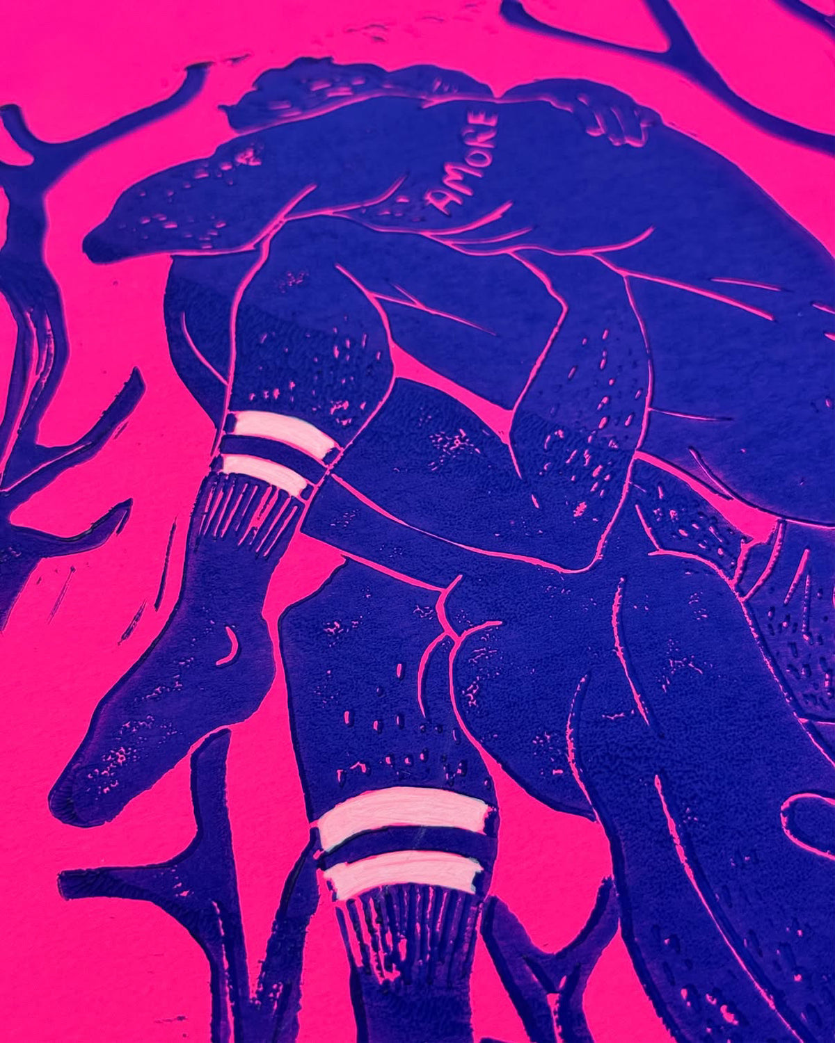 Amore Linocut Print - Neon Pink / Ultra marine blue - 40 x 30 cm