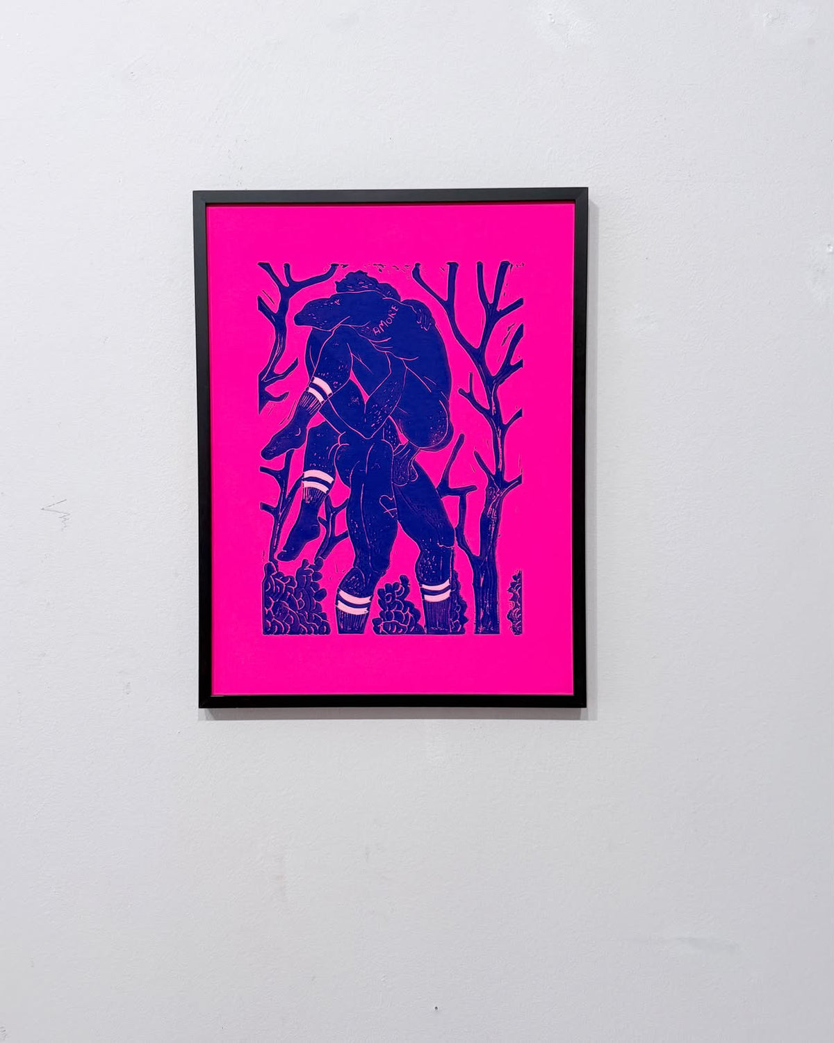 Amore Linocut Print - Neon Pink / Ultra marine blue - 40 x 30 cm