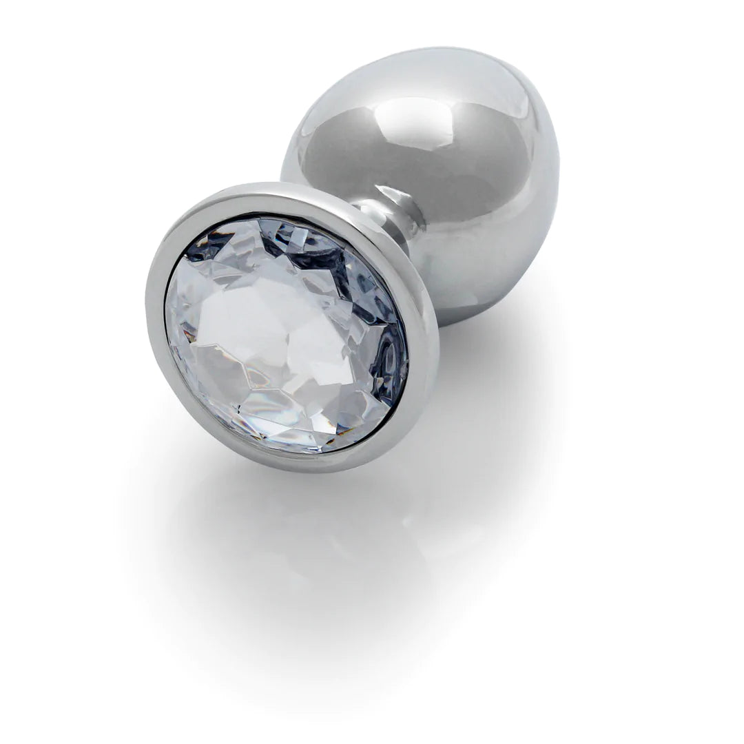 Round Gem Butt Plug Large Silver/Diamond