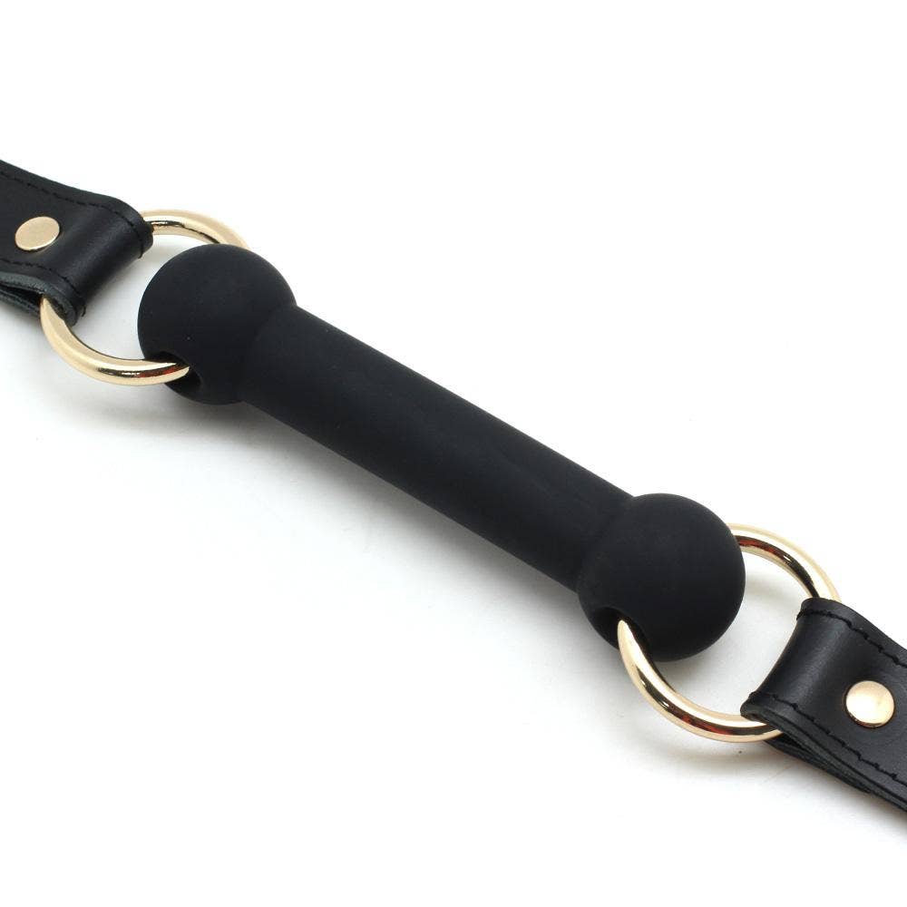 Cow Leather & Silicone Bite Gag: Black with Silver Rings