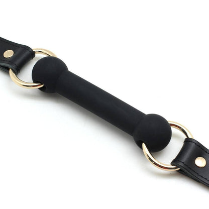Cow Leather & Silicone Bite Gag: Black with Silver Rings