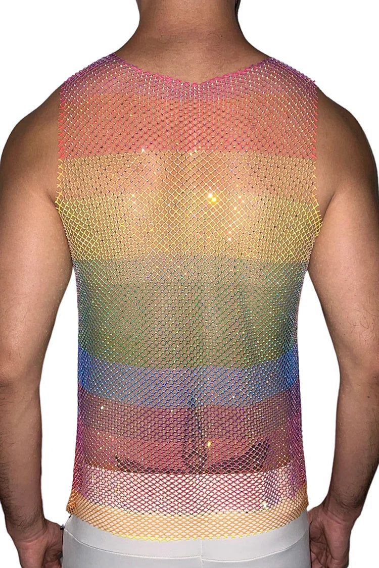 Rhinestone Tank Top Rainbow Mesh