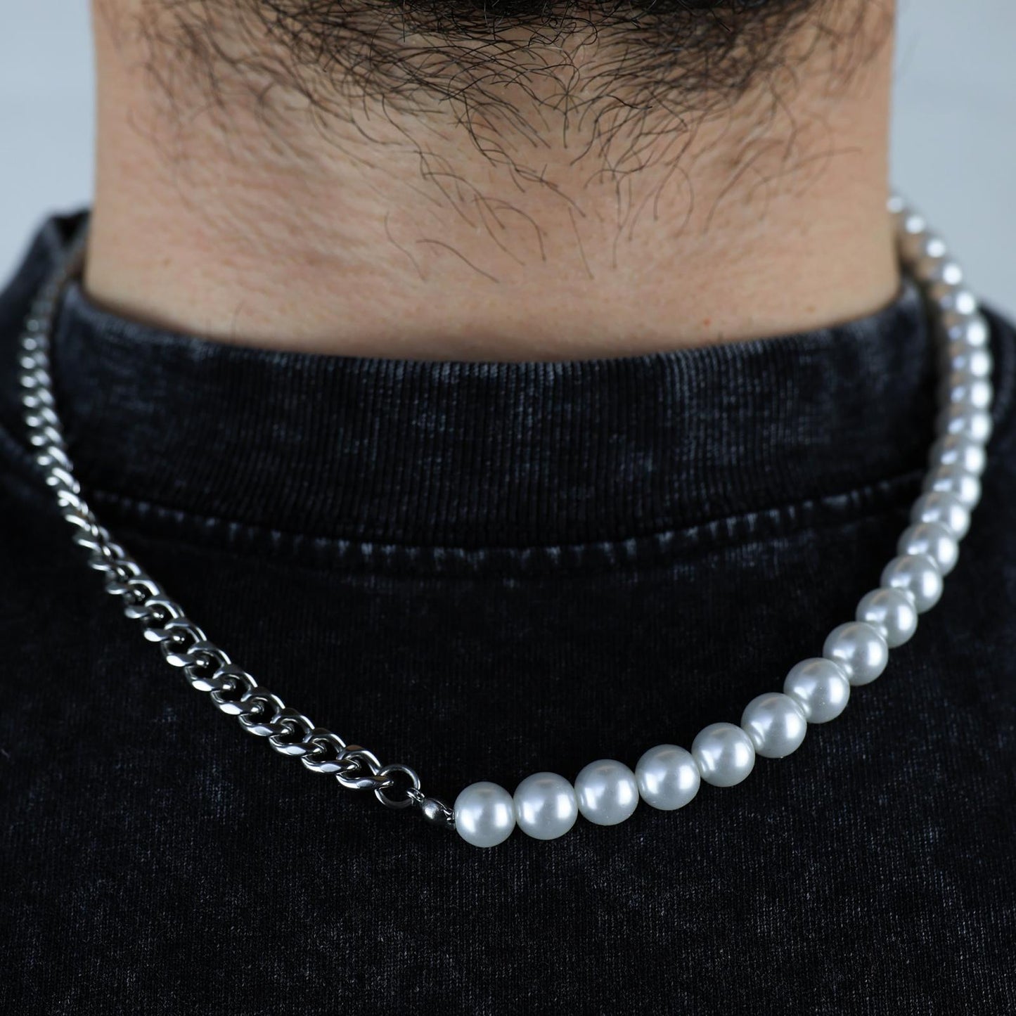 KK Pearl & Cuban Chain Necklace Stainless Steel