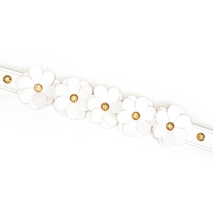 White Leather Flowers Collar with Leash