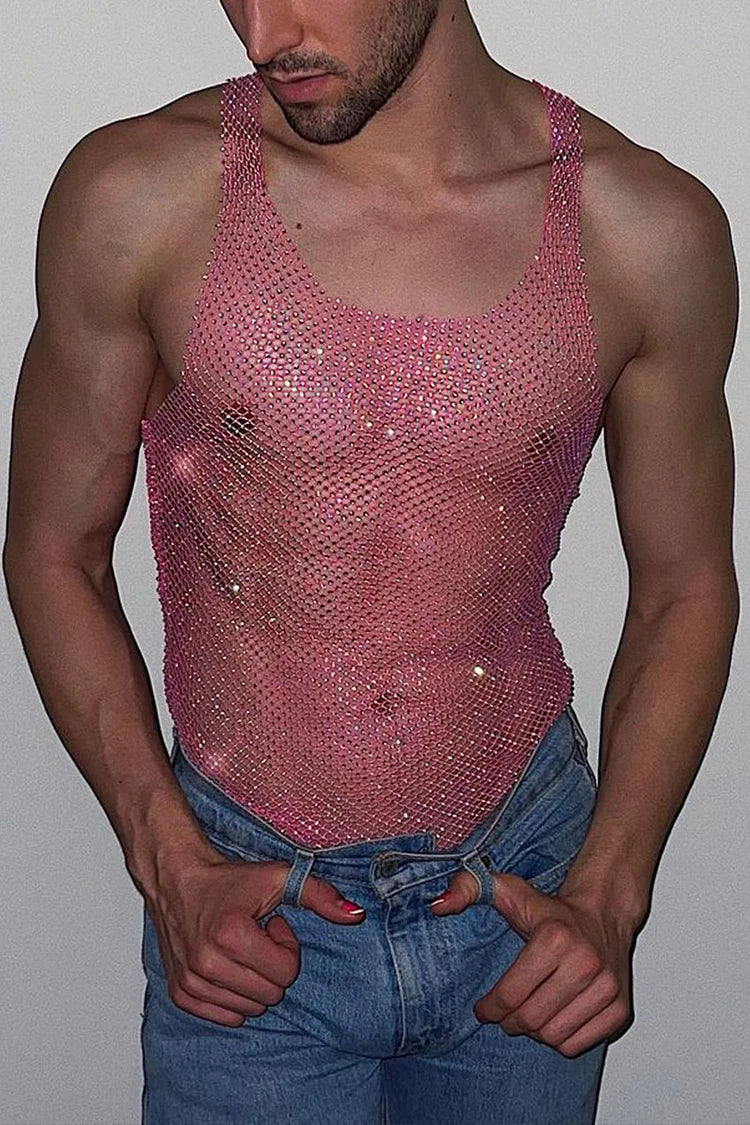 Rhinestone Tank Top Pink Mesh