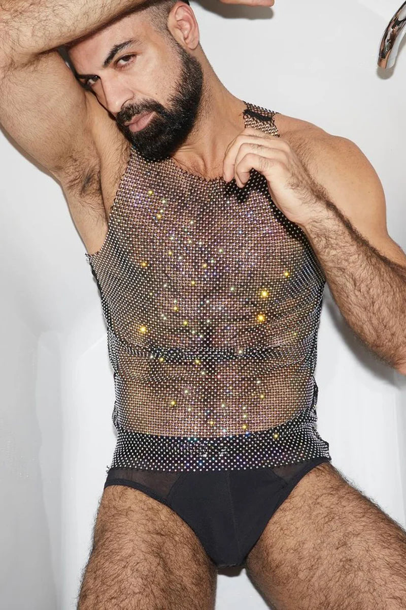 Rhinestone Tank Top Black Mesh