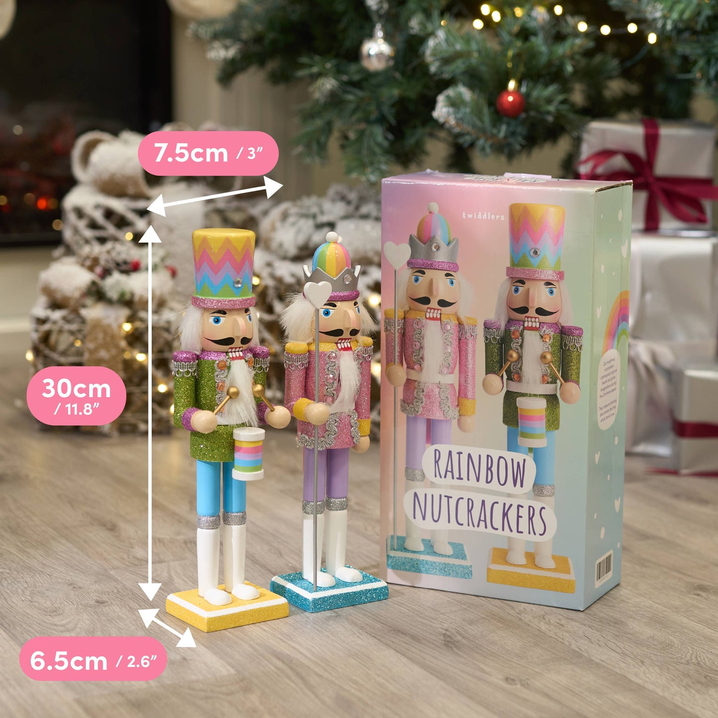 2 Rainbow Wooden Nutcracker Soldiers, 30cm / 12" - Christmas