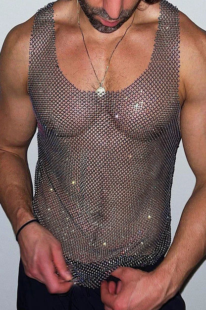 Rhinestone Tank Top Black Mesh