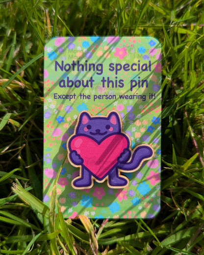 Cute Cat Wooden Pin | 40mm Cat Holding a Heart Badge : No hang tabs needed