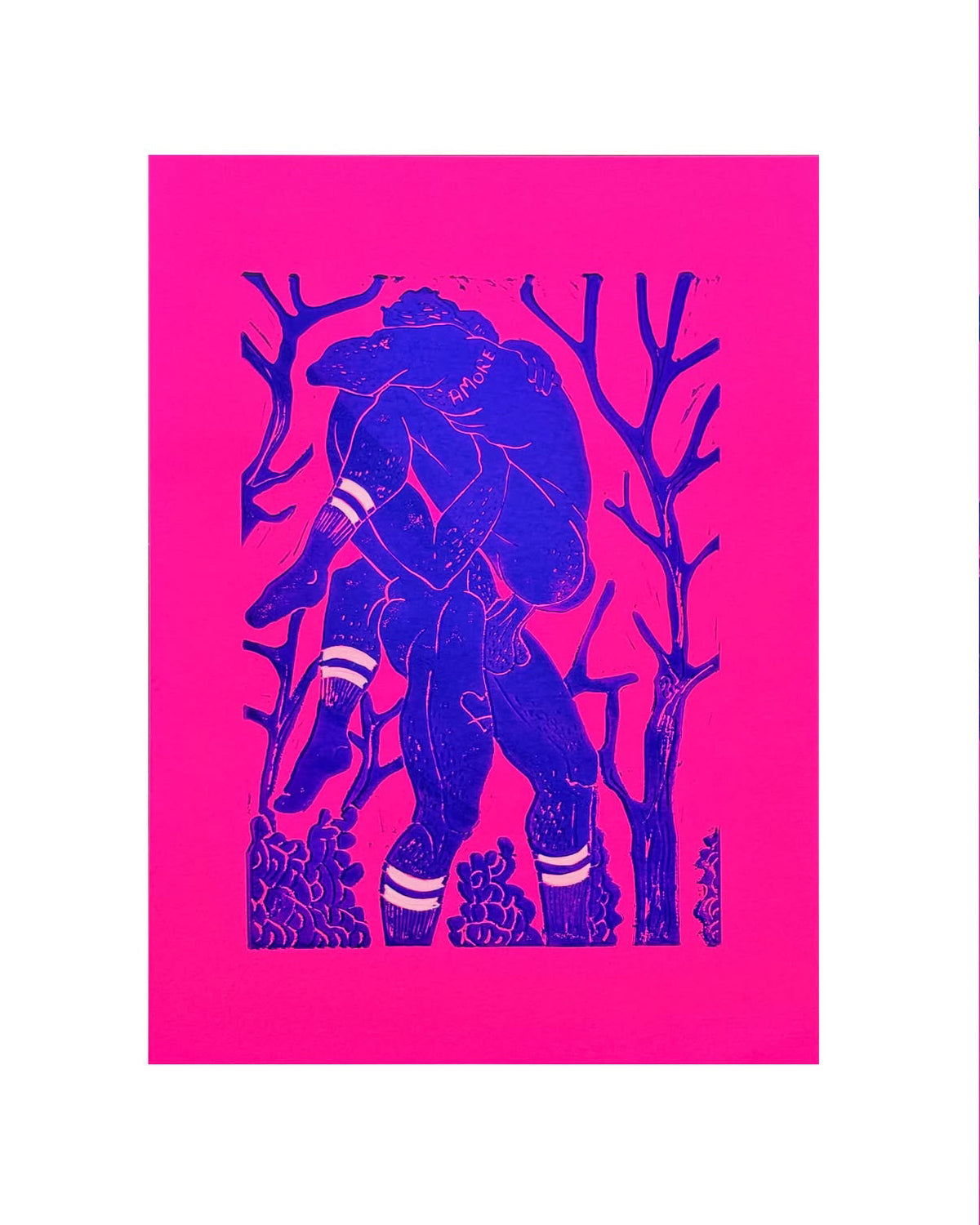 Amore Linocut Print - Neon Pink / Ultra marine blue - 40 x 30 cm