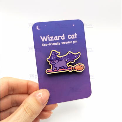 Wizard Cat Pin Badge | Cute Halloween Wooden Pin: No hang tabs needed