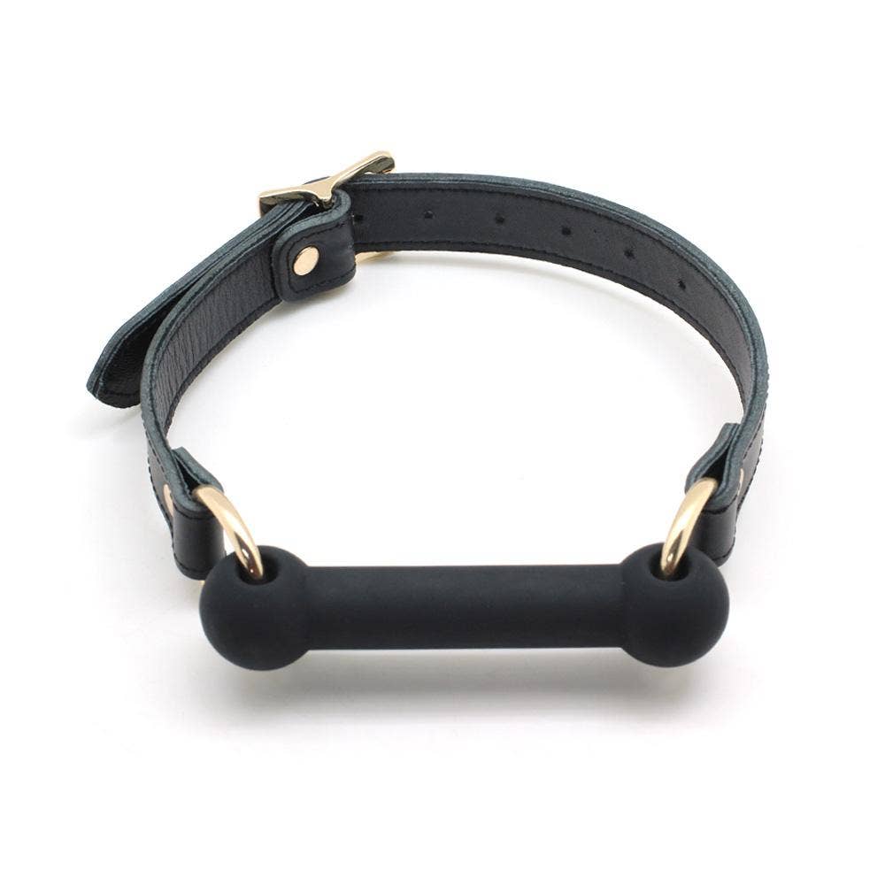 Cow Leather & Silicone Bite Gag: Black with Silver Rings