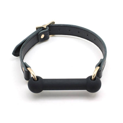 Cow Leather & Silicone Bite Gag: Black with Silver Rings
