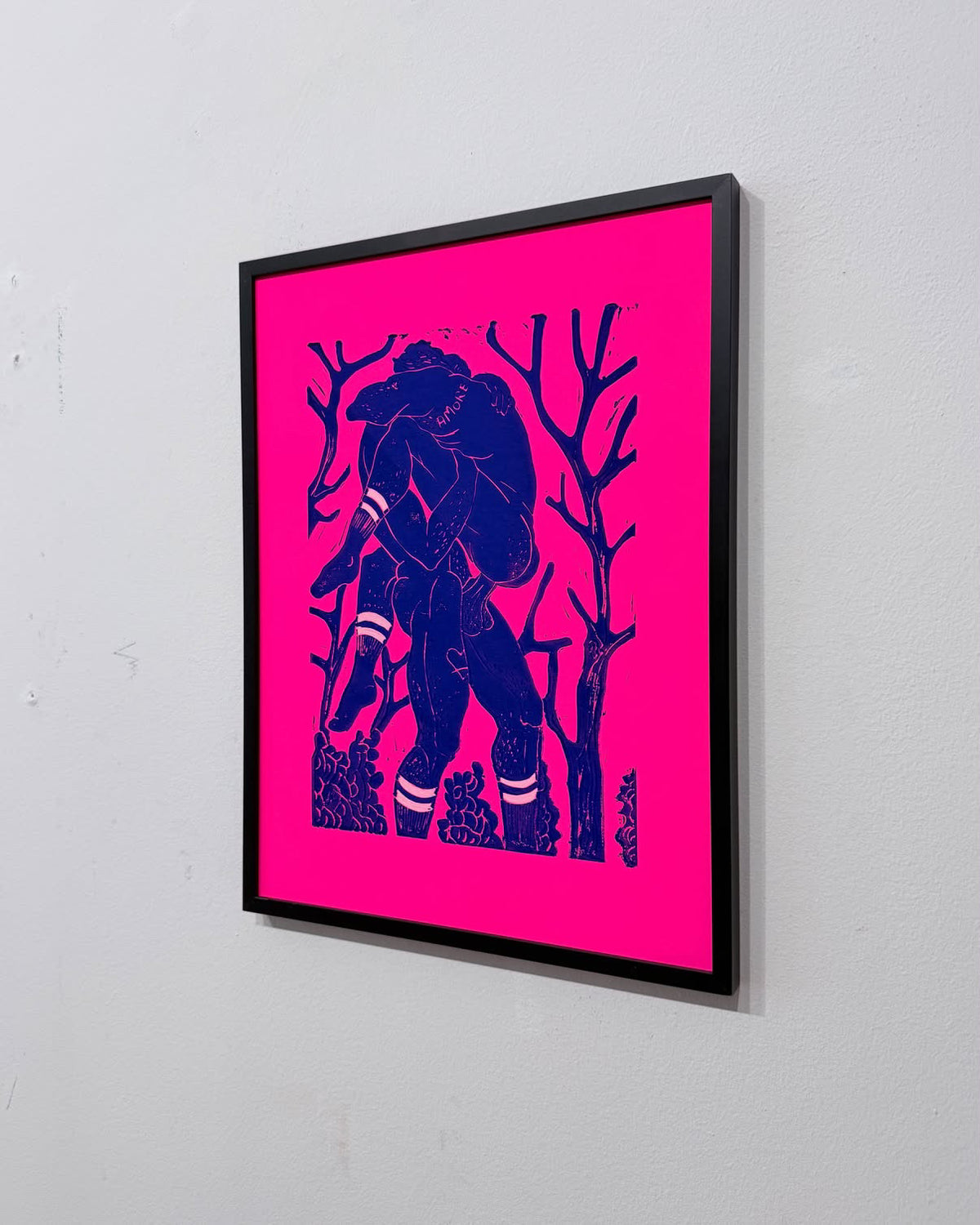 Amore Linocut Print - Neon Pink / Ultra marine blue - 40 x 30 cm