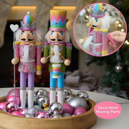 2 Rainbow Wooden Nutcracker Soldiers, 30cm / 12" - Christmas
