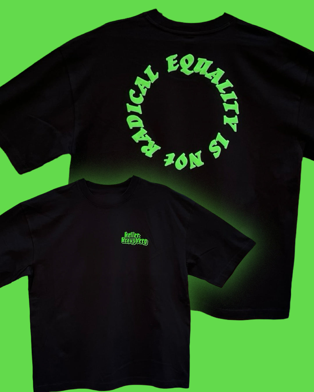 EQUALITY IS NOT RADICAL Heavy Boxy T-shirt Black & Fast Green Fluor