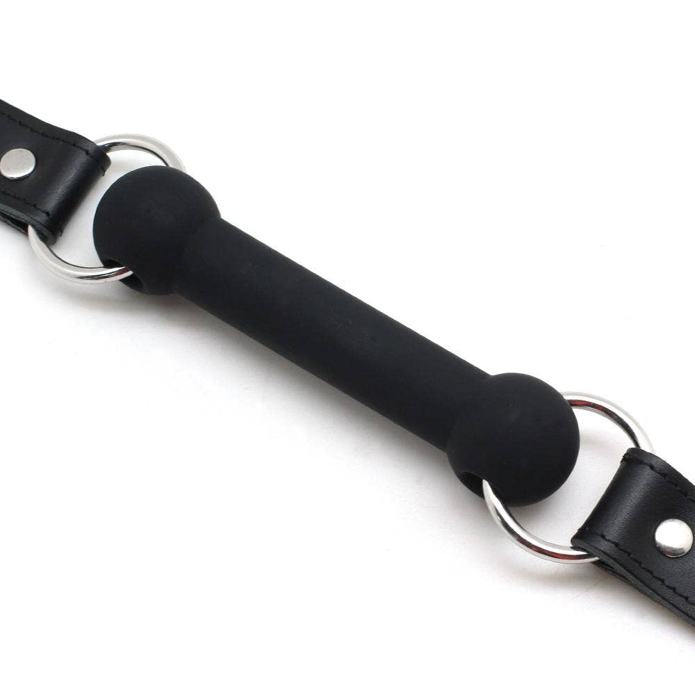 Cow Leather & Silicone Bite Gag: Black with Silver Rings