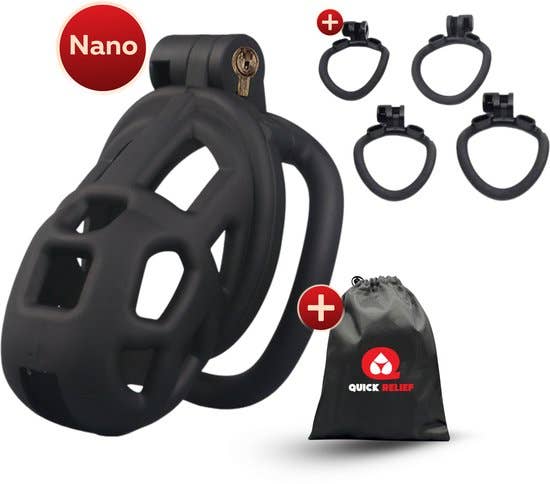 Quick Relief Elite Lock™ Nano - Chastity cage with 4 ring sizes
