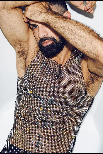 Rhinestone Tank Top Black Mesh