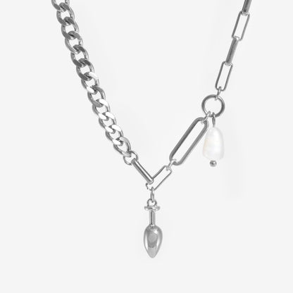 BUTT PLUG AND PEARL MIX CHAIN NECKLACE Silver