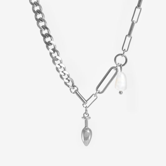 BUTT PLUG AND PEARL MIX CHAIN NECKLACE Silver