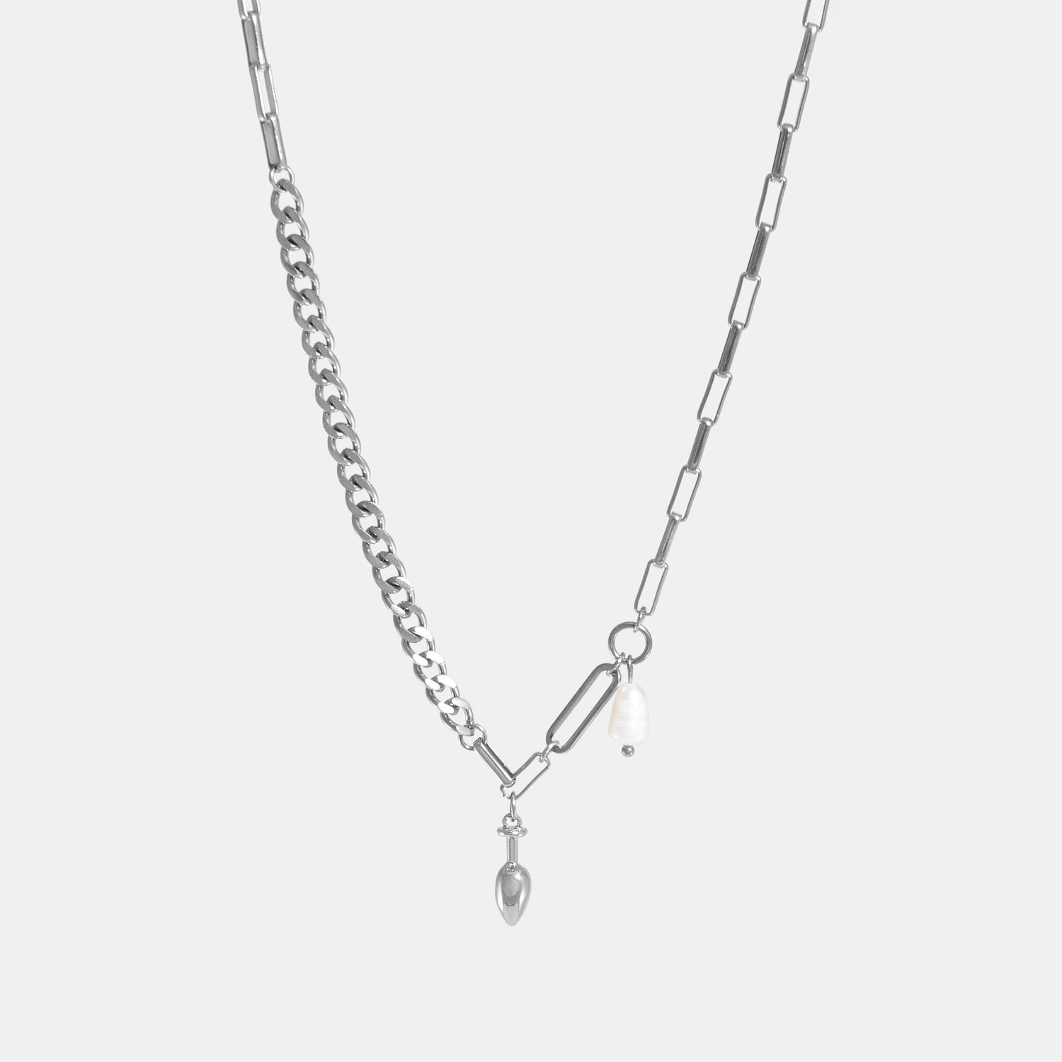 BUTT PLUG AND PEARL MIX CHAIN NECKLACE Silver