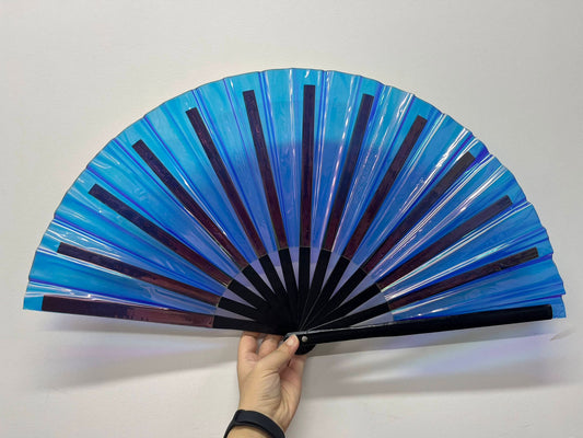 Big shiny Fan "Blue Ice Holo" with Bamboo handle