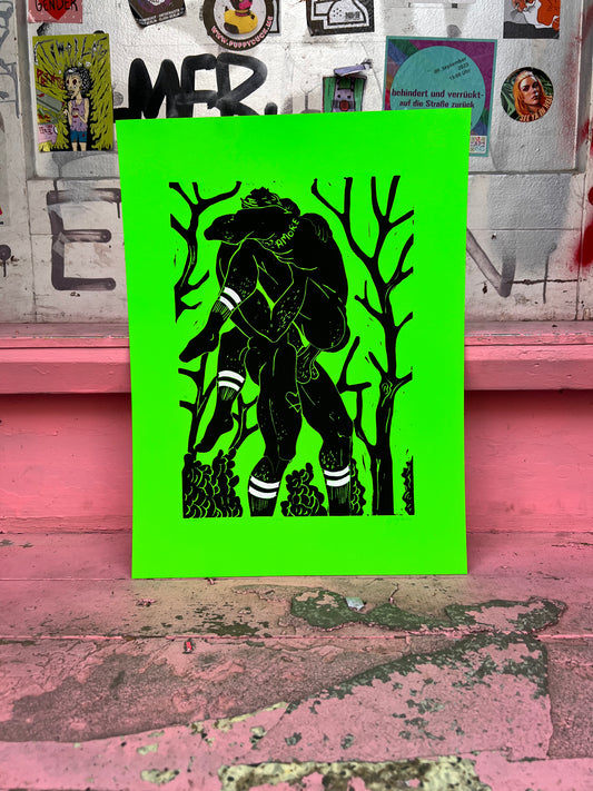 Amore Linocut Print Black/Neon Green - 40 x 30 cm