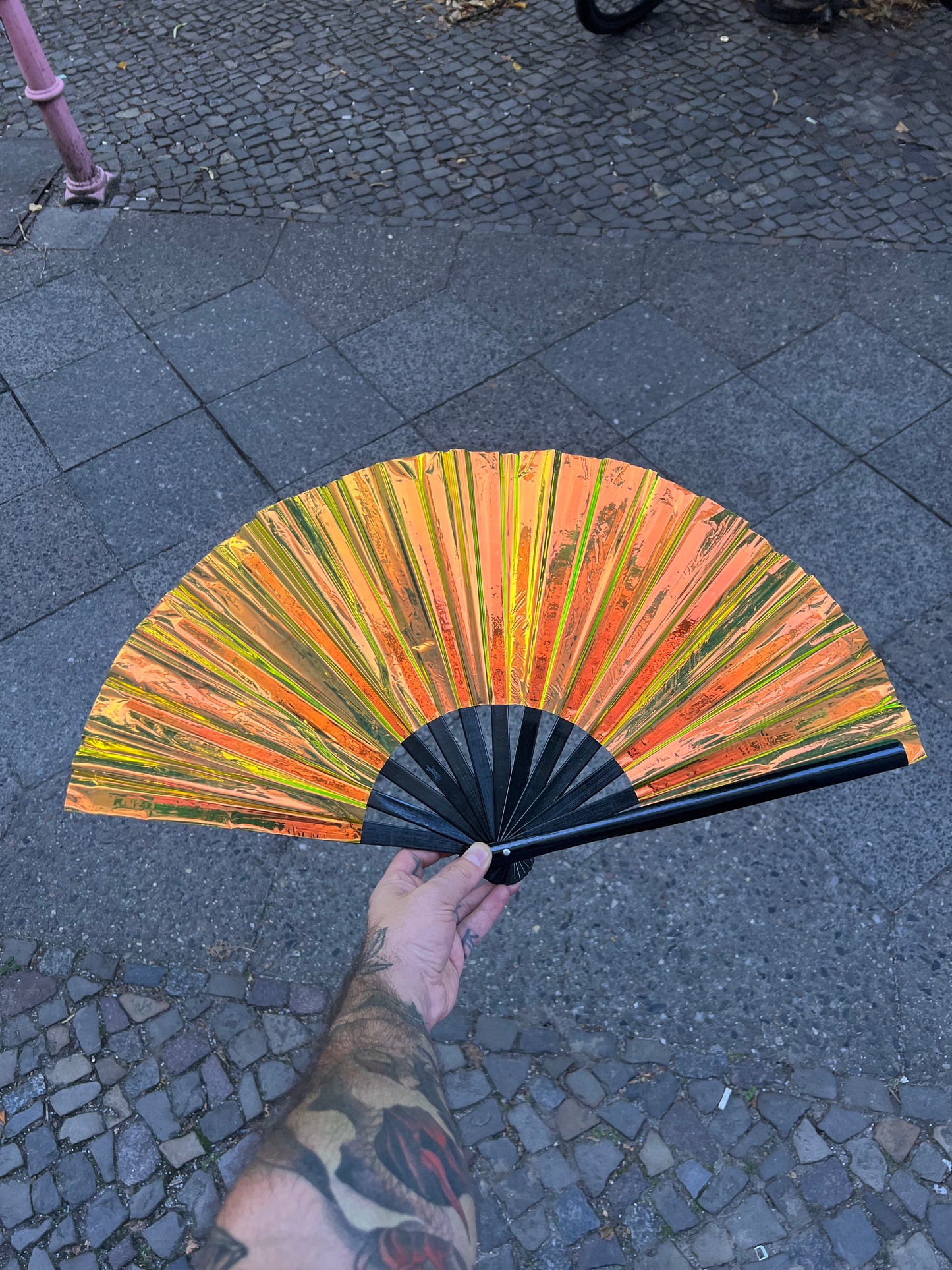 Big shiny Fan "Yellow Gold Holo" with Bamboo handle