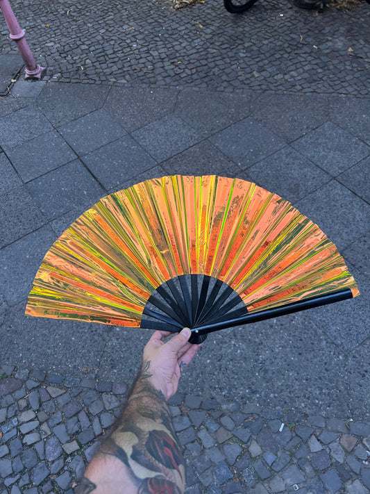 Big shiny Fan "Yellow Gold Holo" with Bamboo handle