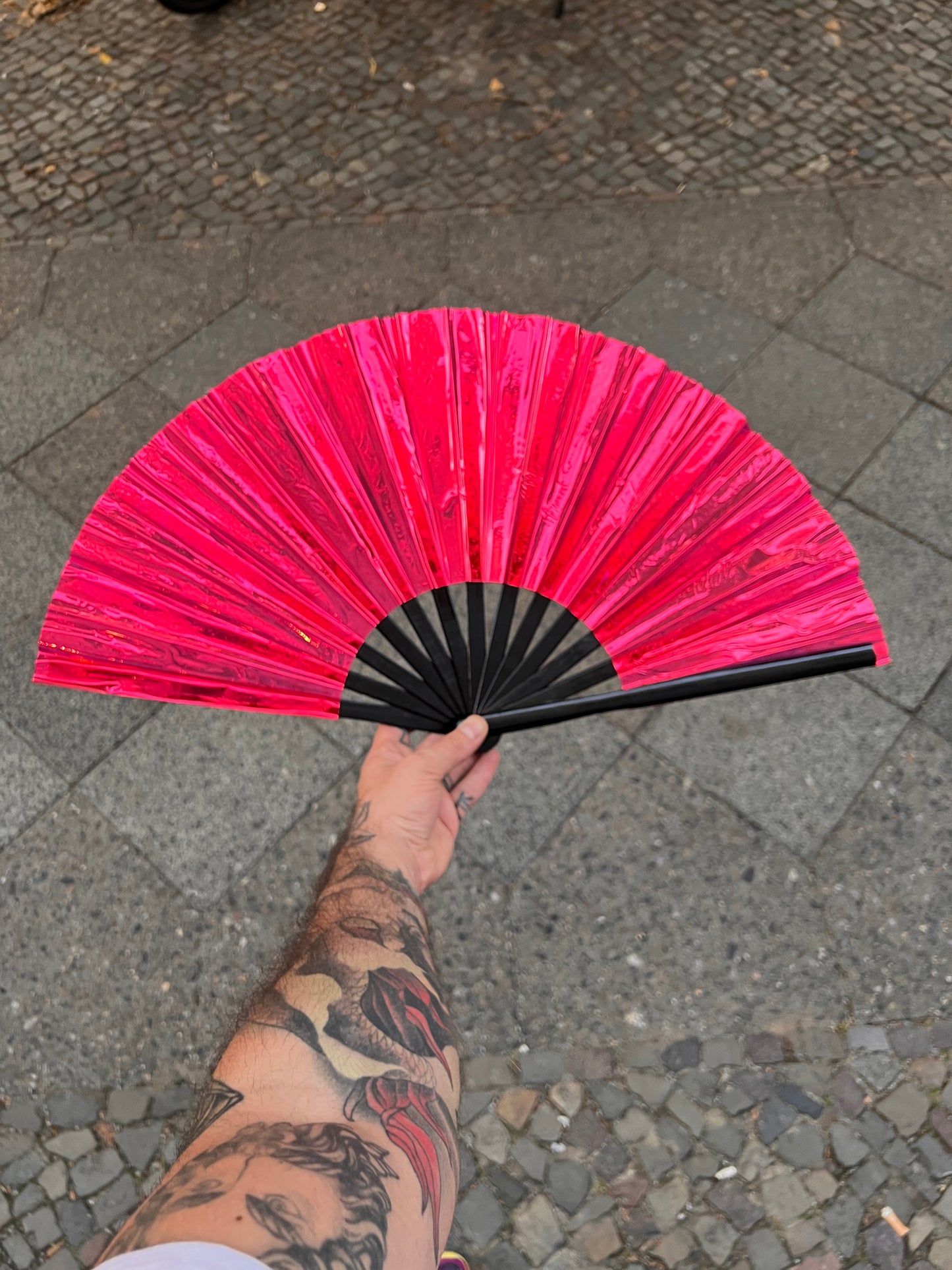 Big shiny Fan "Red Holo" with Bamboo handle