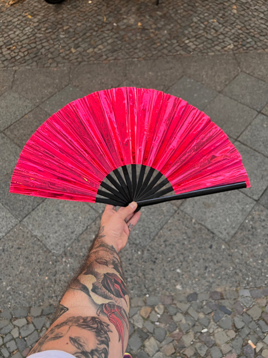 Big shiny Fan "Red Holo" with Bamboo handle