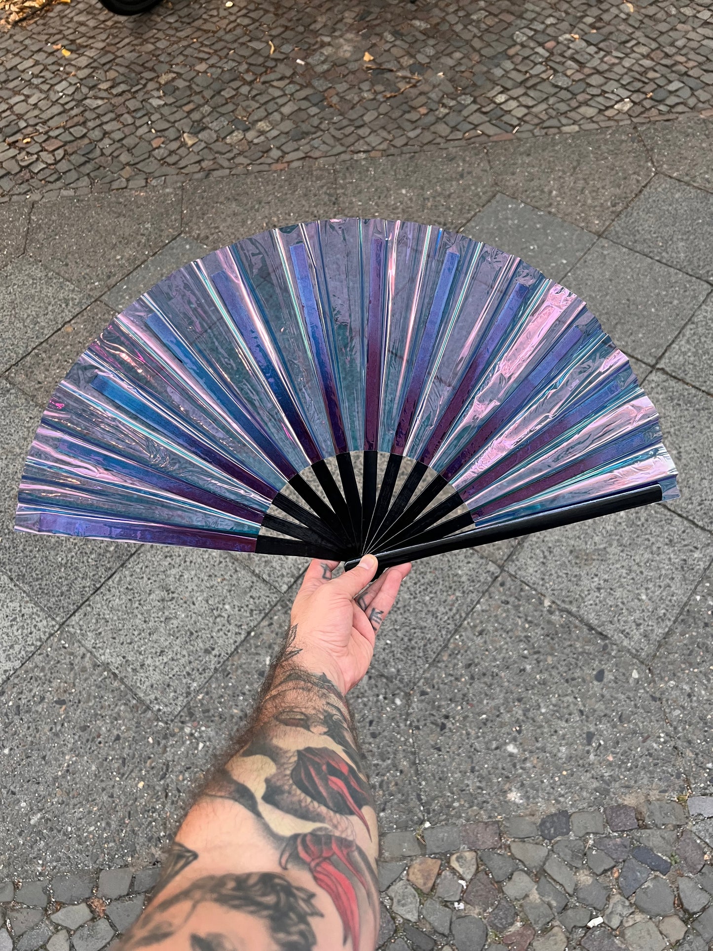 Big shiny Fan "Blue Holo" with Bamboo handle