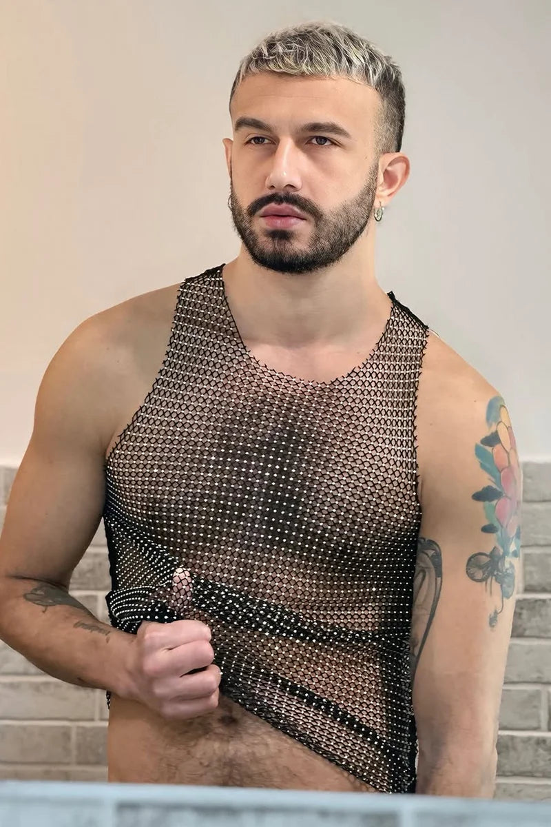 Rhinestone Tank Top Black Mesh