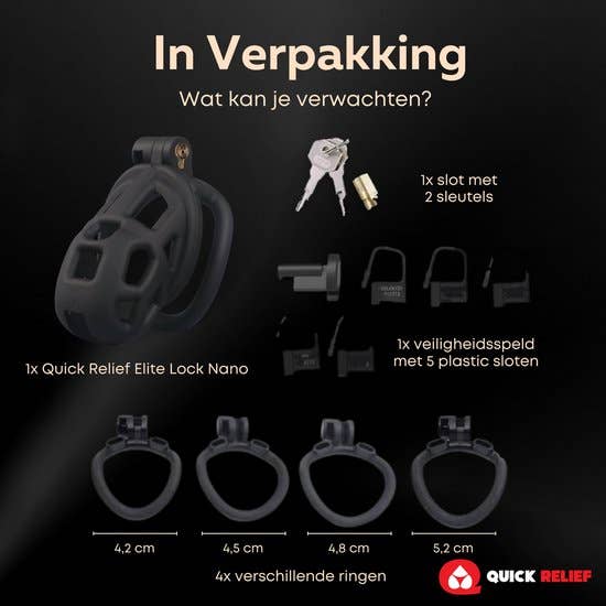 Quick Relief Elite Lock™ Nano - Chastity cage with 4 ring sizes