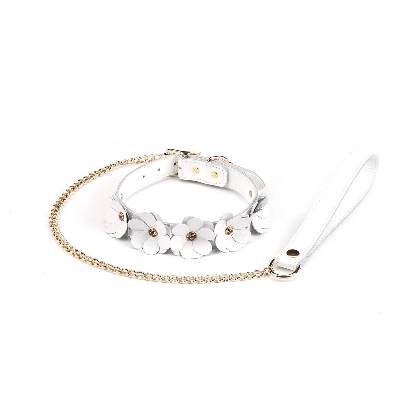 White Leather Flowers Collar with Leash