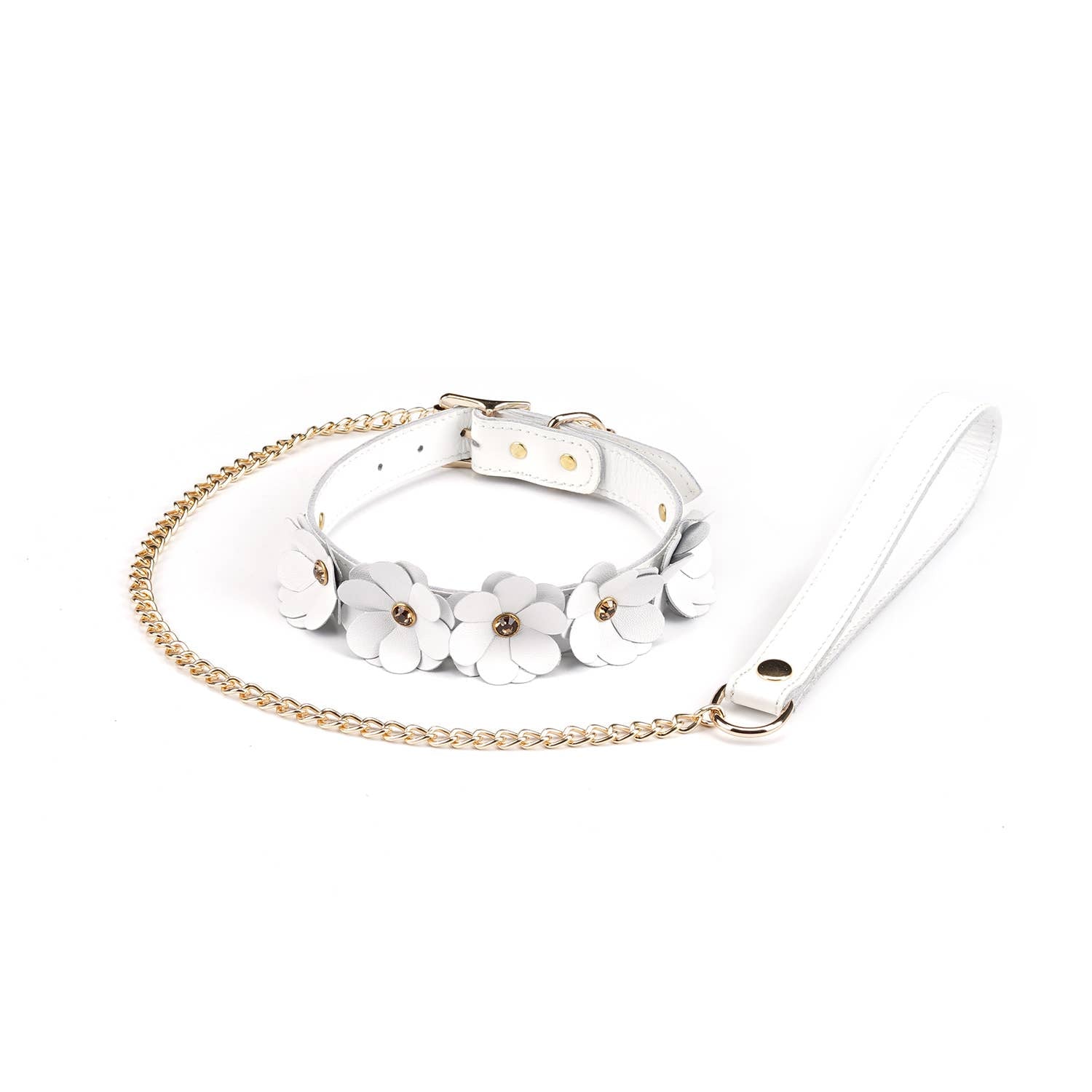 White Leather Flowers Collar with Leash