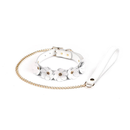 White Leather Flowers Collar with Leash
