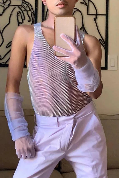 Rhinestone Tank Top lilac Mesh