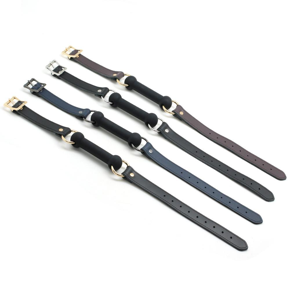 Cow Leather & Silicone Bite Gag: Black with Silver Rings