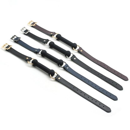 Cow Leather & Silicone Bite Gag: Black with Silver Rings