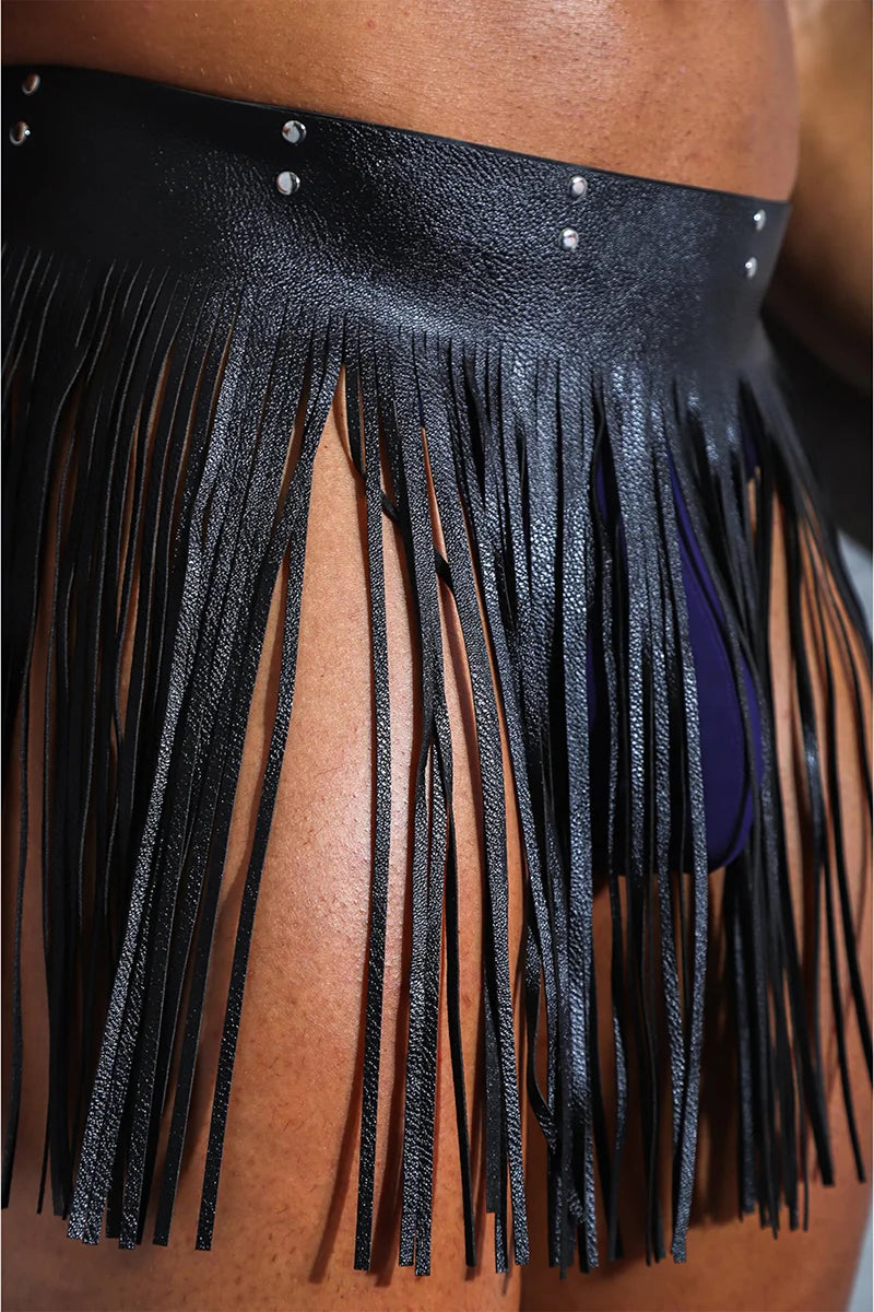 Leather Fringe Studded Black Mini Skirt