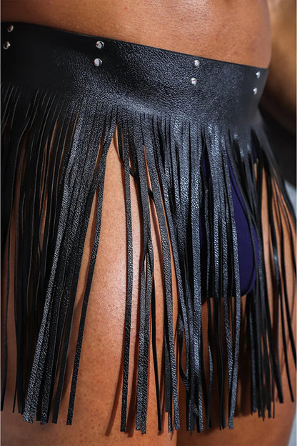 Leather Fringe Studded Black Mini Skirt