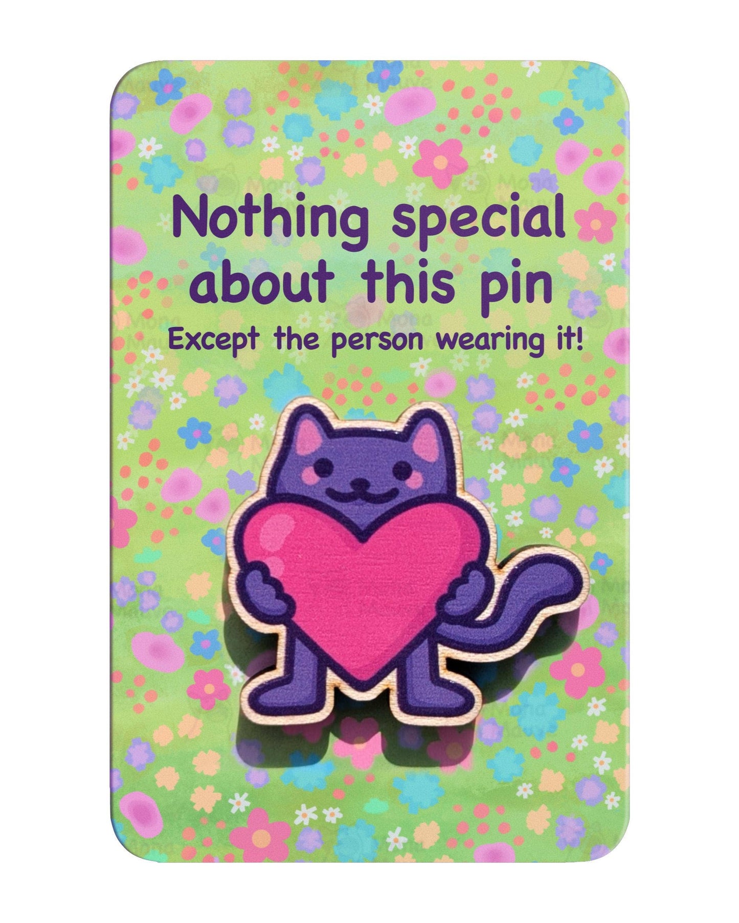 Cute Cat Wooden Pin | 40mm Cat Holding a Heart Badge : No hang tabs needed