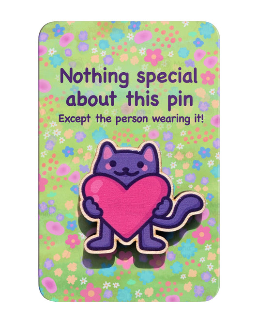 Cute Cat Wooden Pin | 40mm Cat Holding a Heart Badge : No hang tabs needed